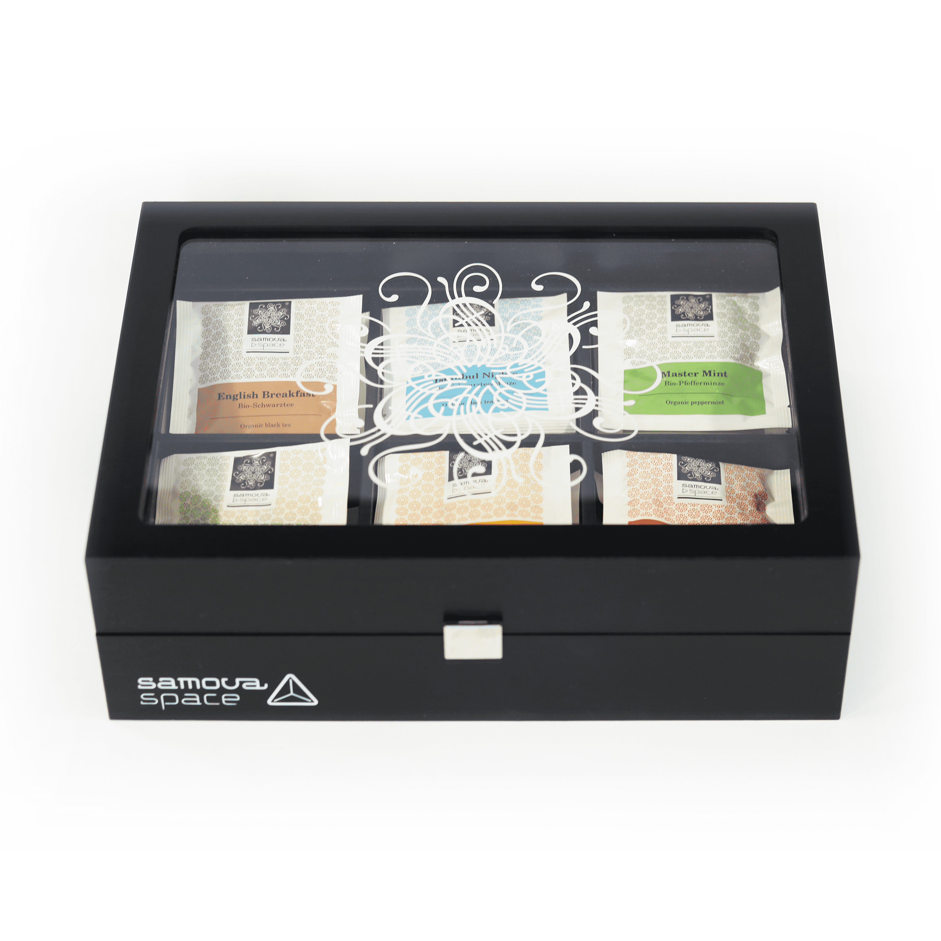 Caja de oficina pintada de negro con tapa de cristal